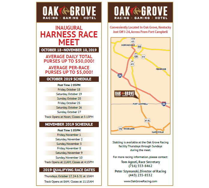 Inaugural Harness Race Meet And Opening Schedule At Oak Grove Racing Gaming Hotel